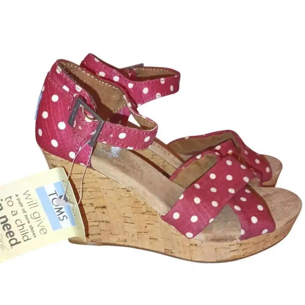TOMS Red Polka dot Strappy wedge shoes size W5 NWT